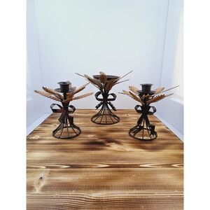 Russ Berrie - Autumn Wheat Metal Candle Holders Set 3 - 1 Pillar, 2 Candlesticks
